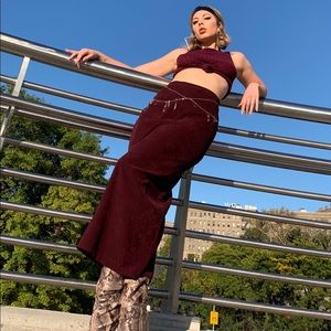 High waisted vintage velvet burgundy maxi skirt
